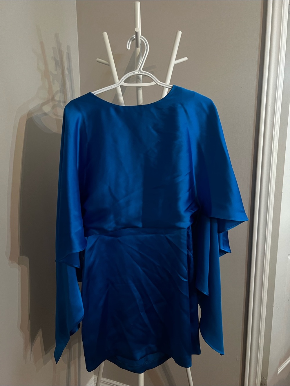 Zara Bright Blue Satin Mini Dress with Cape Sleeves - Picture 2 of 9